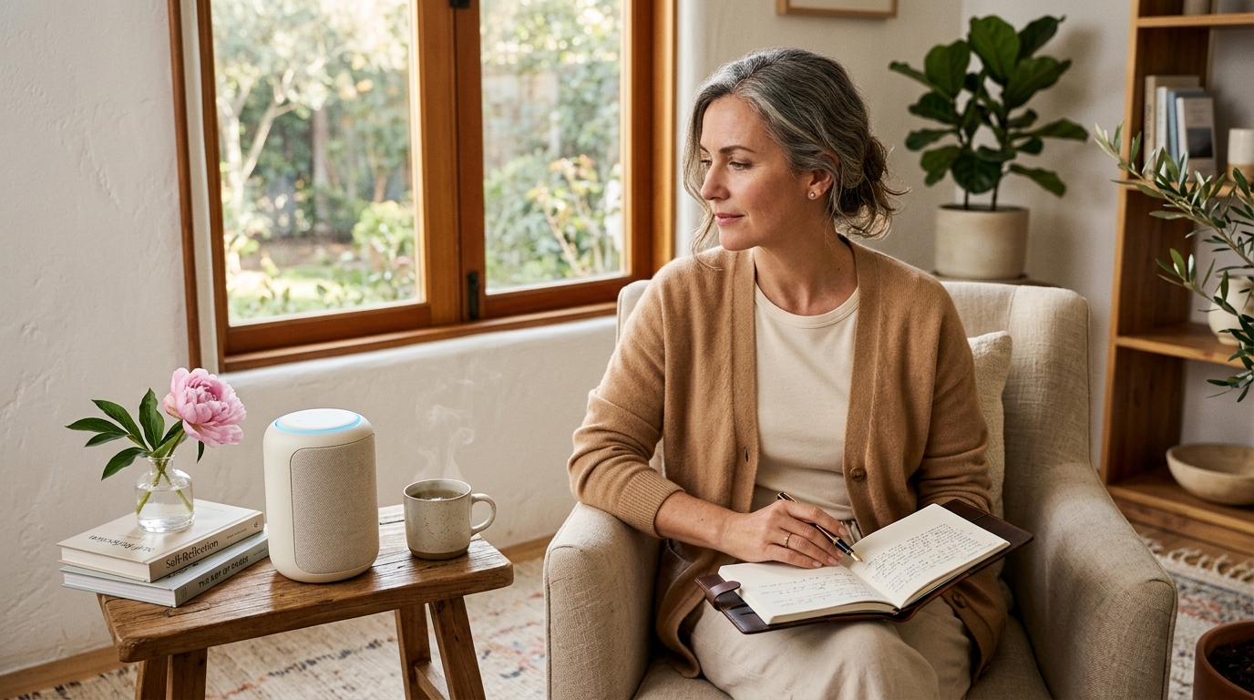 Person reflecting in their living room with a notebook and the Brillemos speaker on a side table