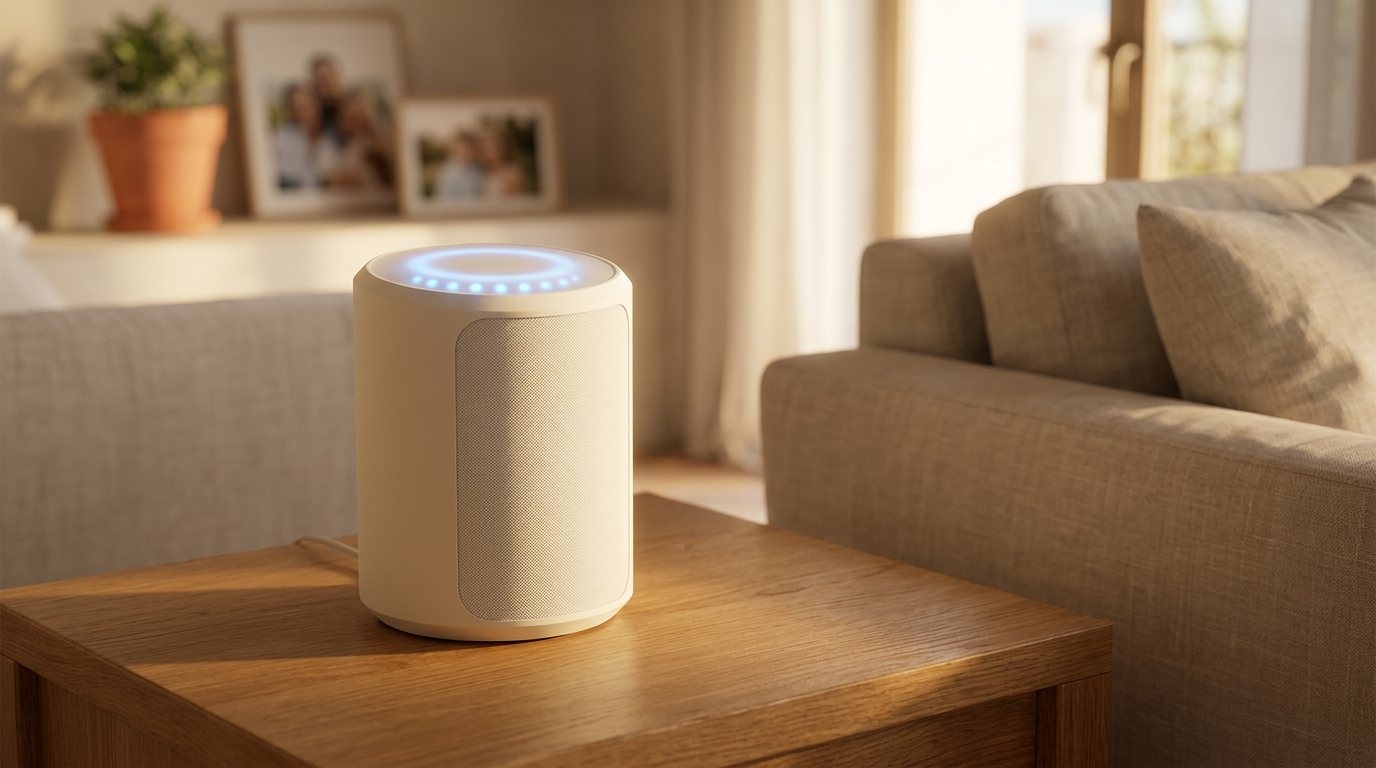 Brillemos Speaker — altavoz cilíndrico blanco crema con anillo LED azul