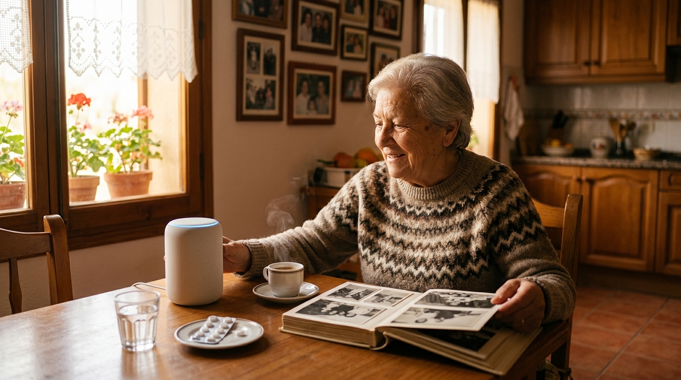 Older woman in her Mediterranean kitchen talking with the speaker beside a photo album and her morning pills