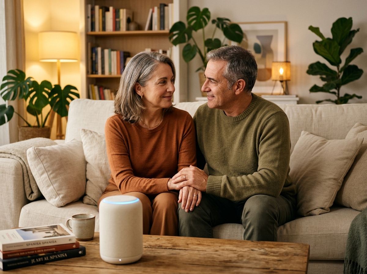 Mature couple talking with the Brillemos speaker on their coffee table
