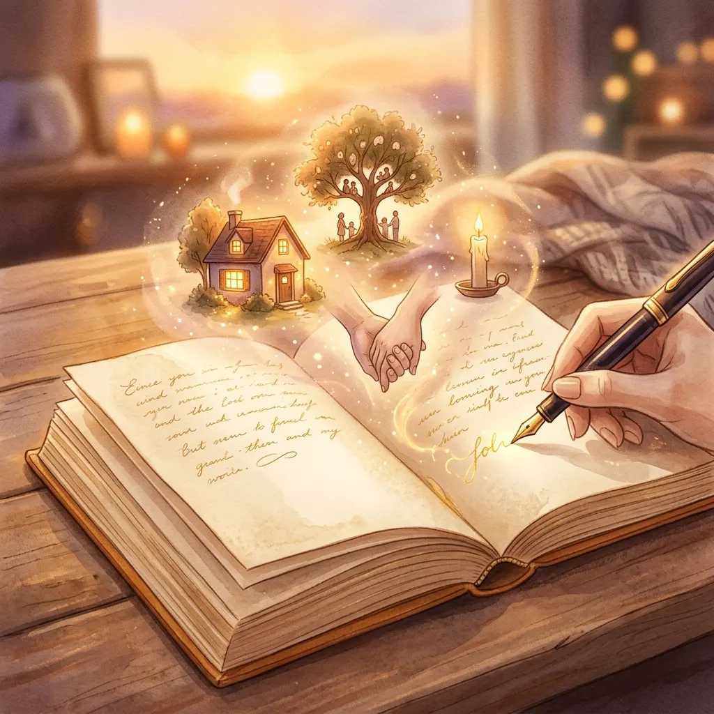 Un libro abierto del que emergen recuerdos en luz dorada