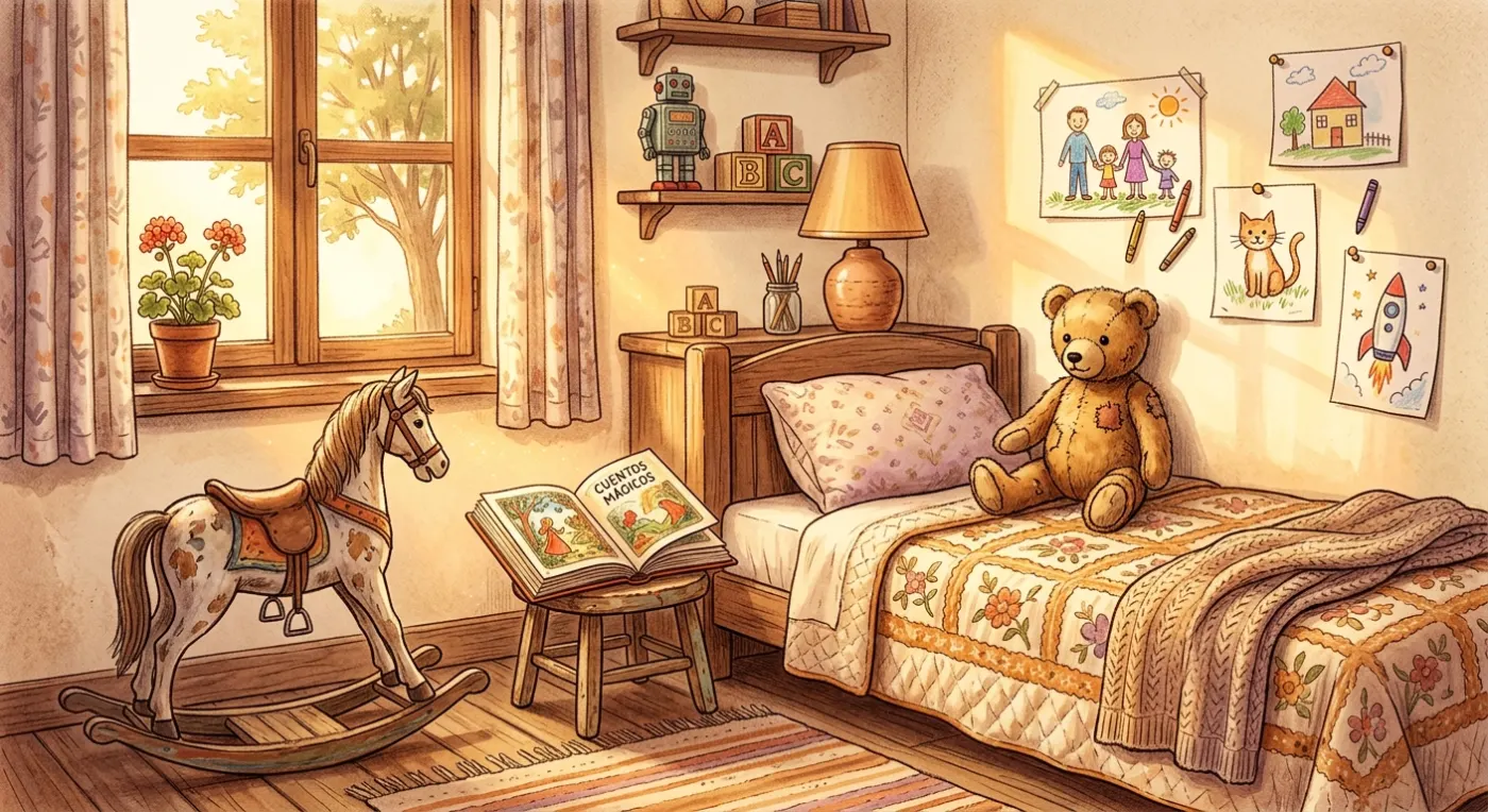 Habitación de niño con osito de peluche, caballo de madera y dibujos