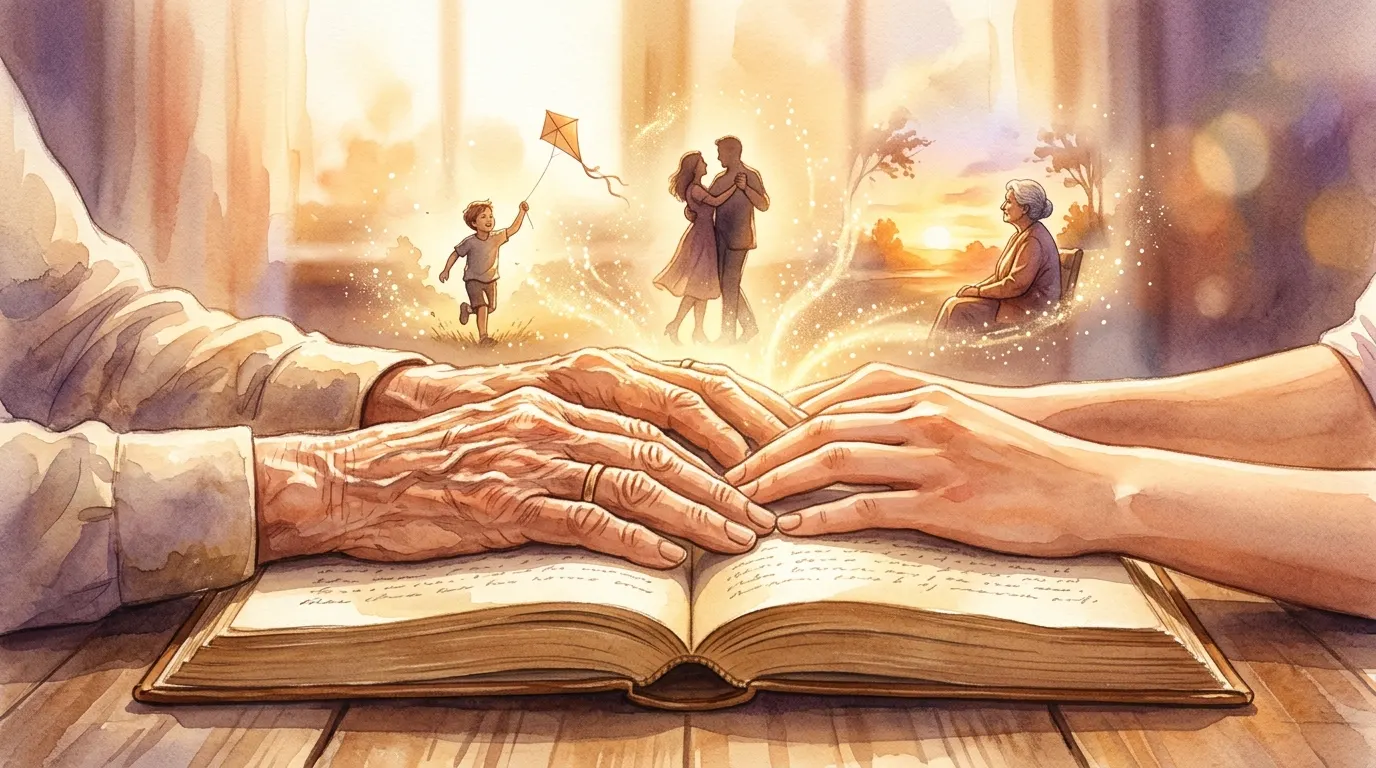 Manos entrelazadas sobre un libro abierto del que emergen recuerdos en luz dorada