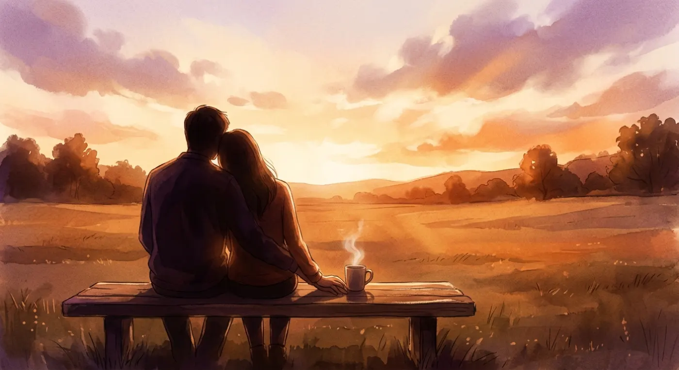 Pareja sentada de espaldas mirando al horizonte al atardecer