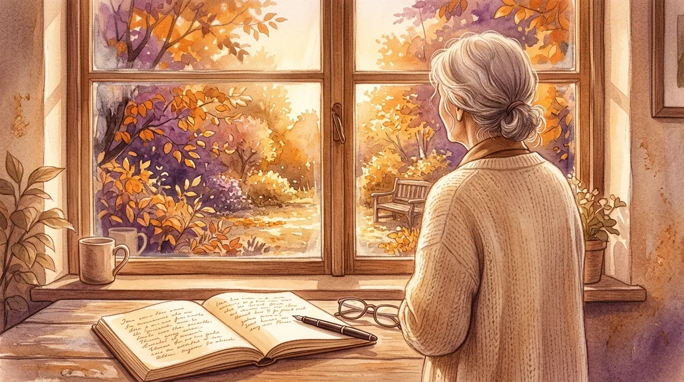 Persona mayor de espaldas mirando jardín en otoño, cuaderno abierto en la mesa