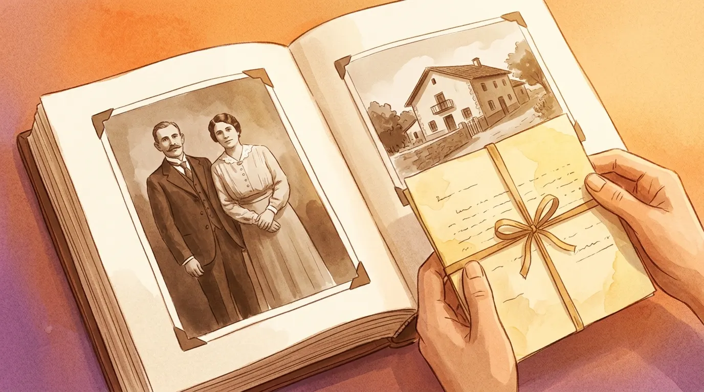 Álbum sepia con fotografías antiguas, cartas y recuerdos familiares
