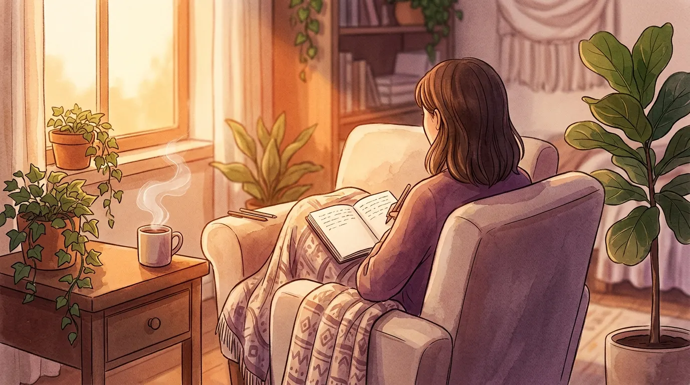 Persona en sillón con manta, taza humeante y cuaderno abierto en luz cálida de ventana