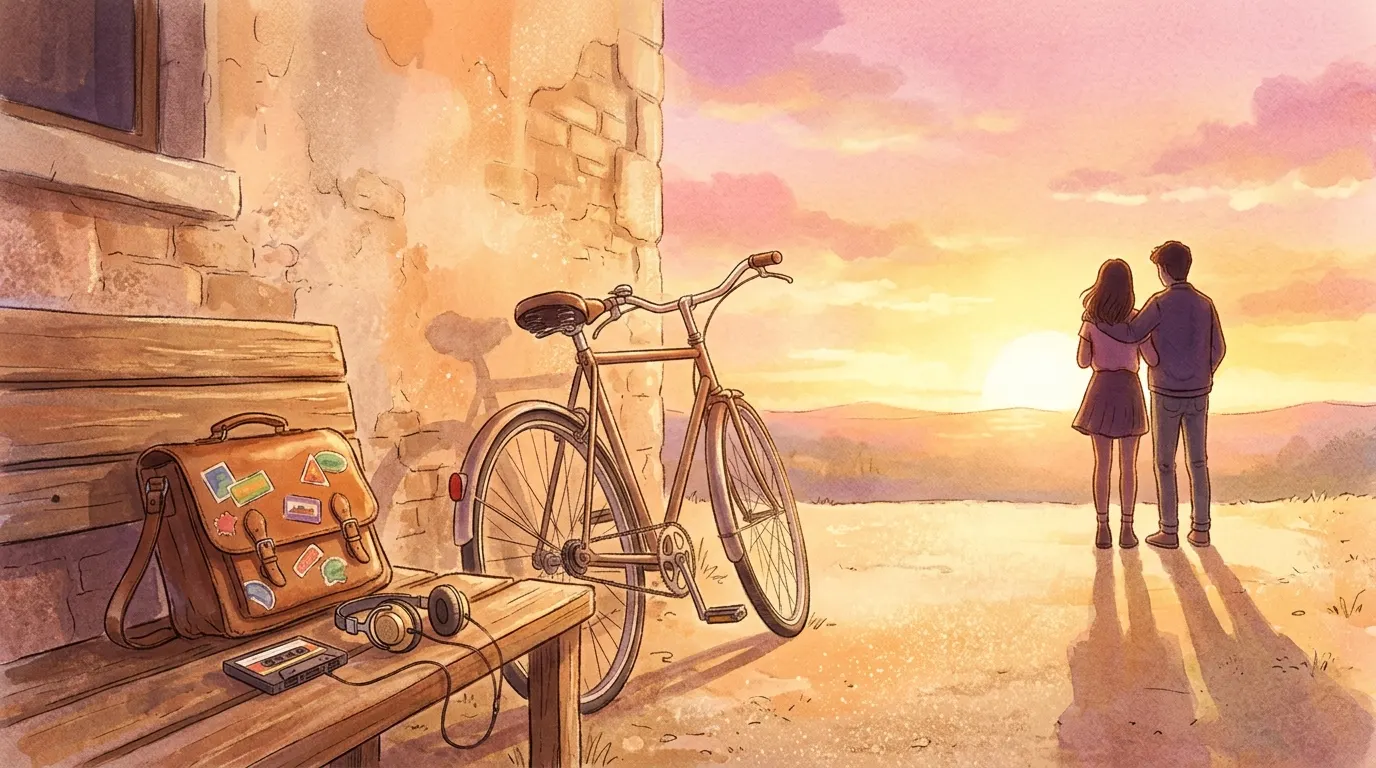 Bicicleta apoyada en muro al atardecer con cassette y auriculares vintage