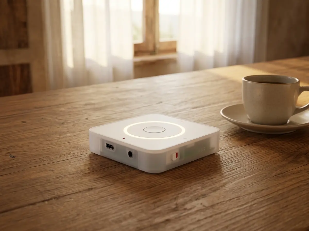 Brillemos Voz sobre una mesa de cocina iluminada por luz cálida de la mañana